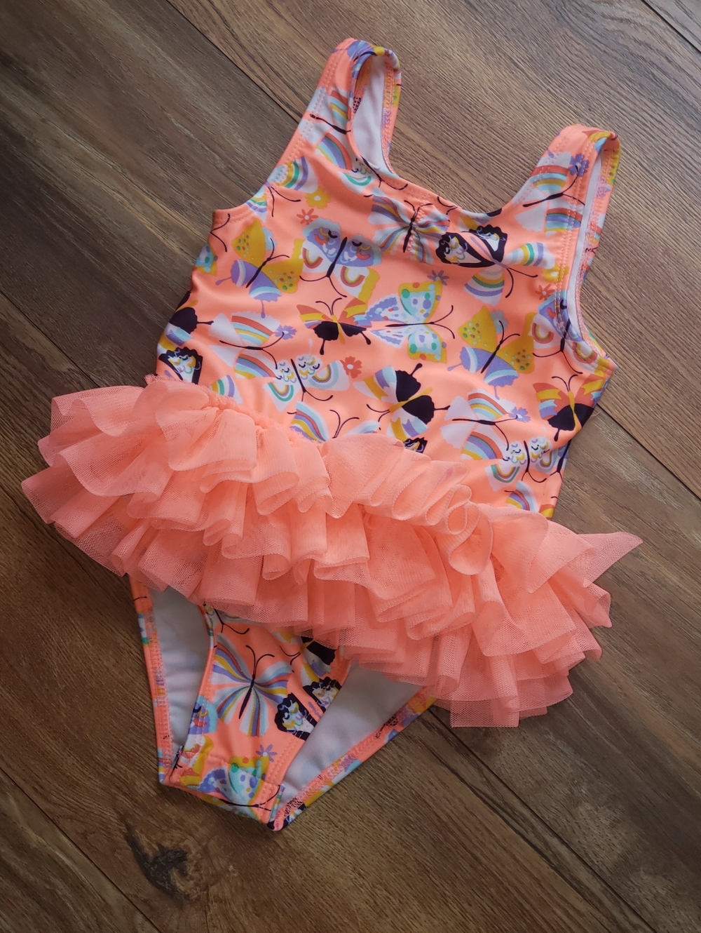 Cat & Jack Coral & White Girls One-Piece Swimsuit Tutu Butterfly Print 4t -New